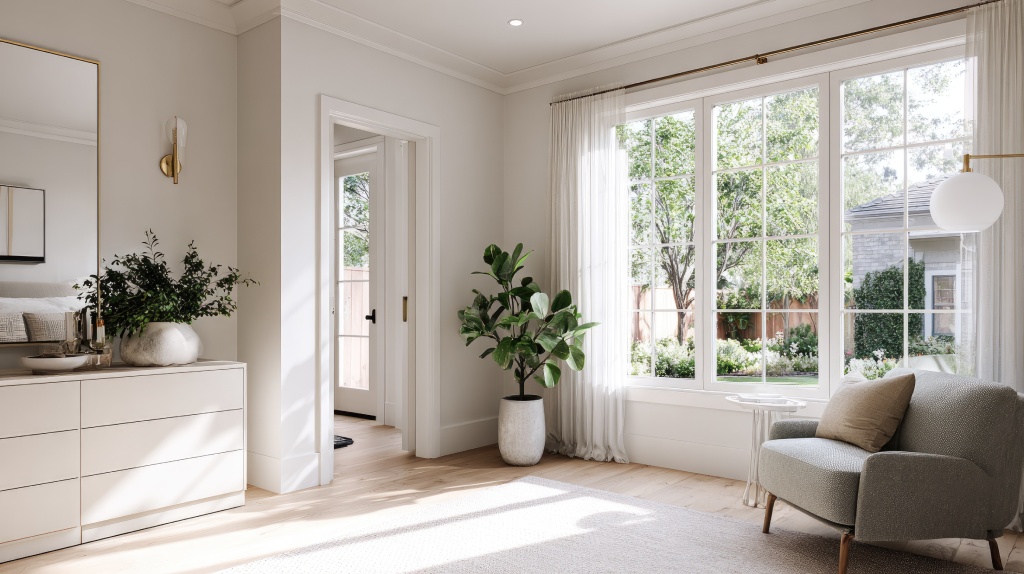 Bright Transitional Bedroom Sitting Area with Large Grid Windows Sage Green Armchair and Fiddle Leaf Fig.jpg
