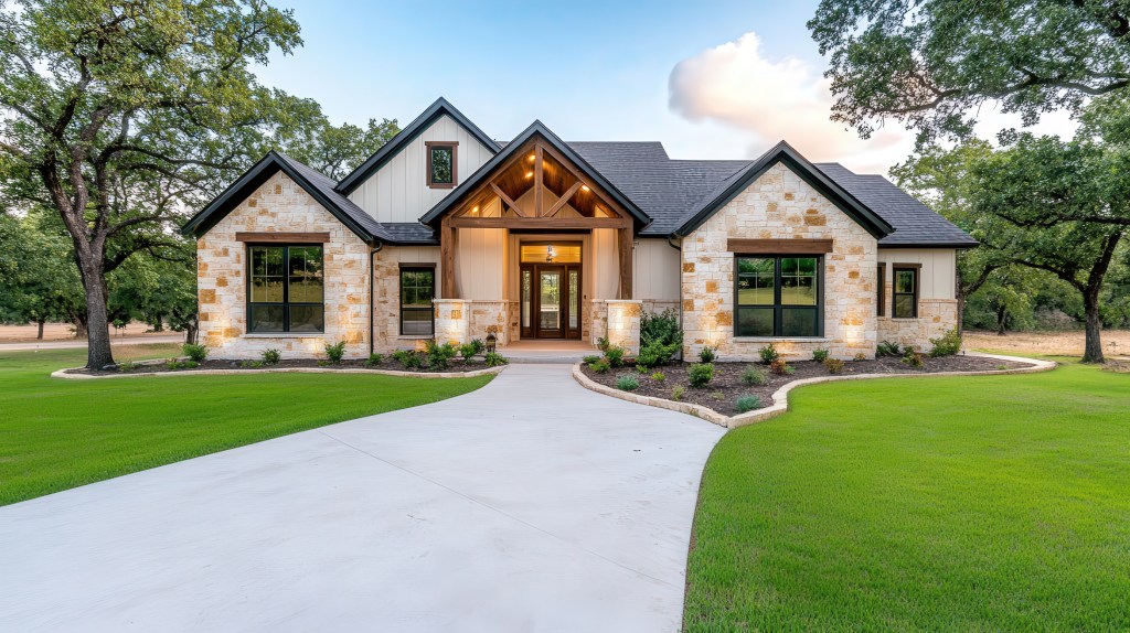 Contemporary Stone Ranch with Timber Truss Entry and Illuminated Walkway.jpg