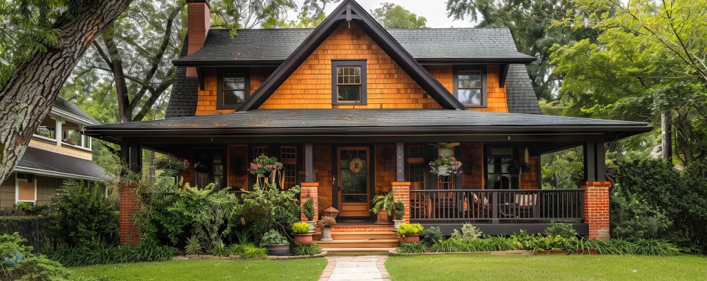 Historic Craftsman Bungalow with Natural Cedar Shakes Red Brick Pillars and Wrap around Porch.jpg