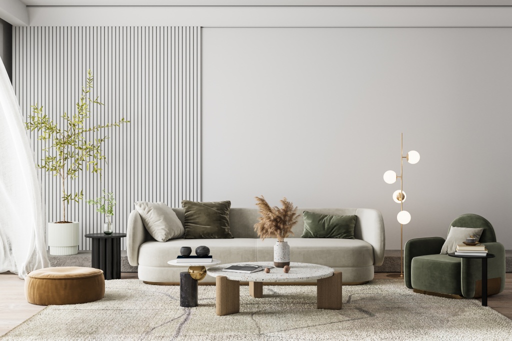Japandi Living Room with Boucle Sofa Sage Green Armchair and Fluted Wall Paneling.jpg