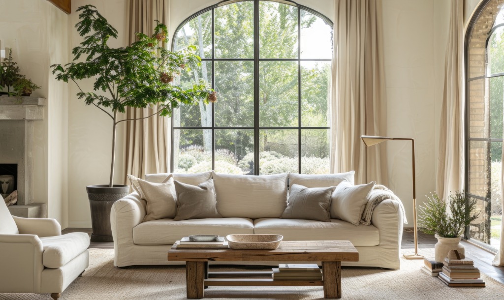 Luminous Wabi Sabi Living Room with Arched Black Iron Windows Cream Sofa and Indoor Tree.jpg (1)