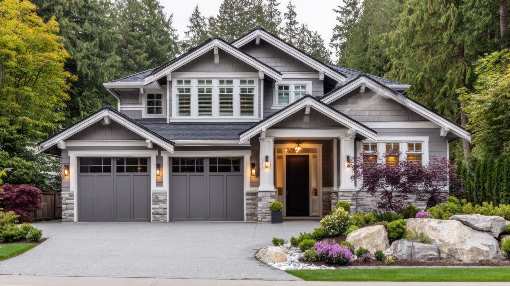 Luxury Grey Craftsman with White Trim Stone Pillars and Rock Garden.jpg