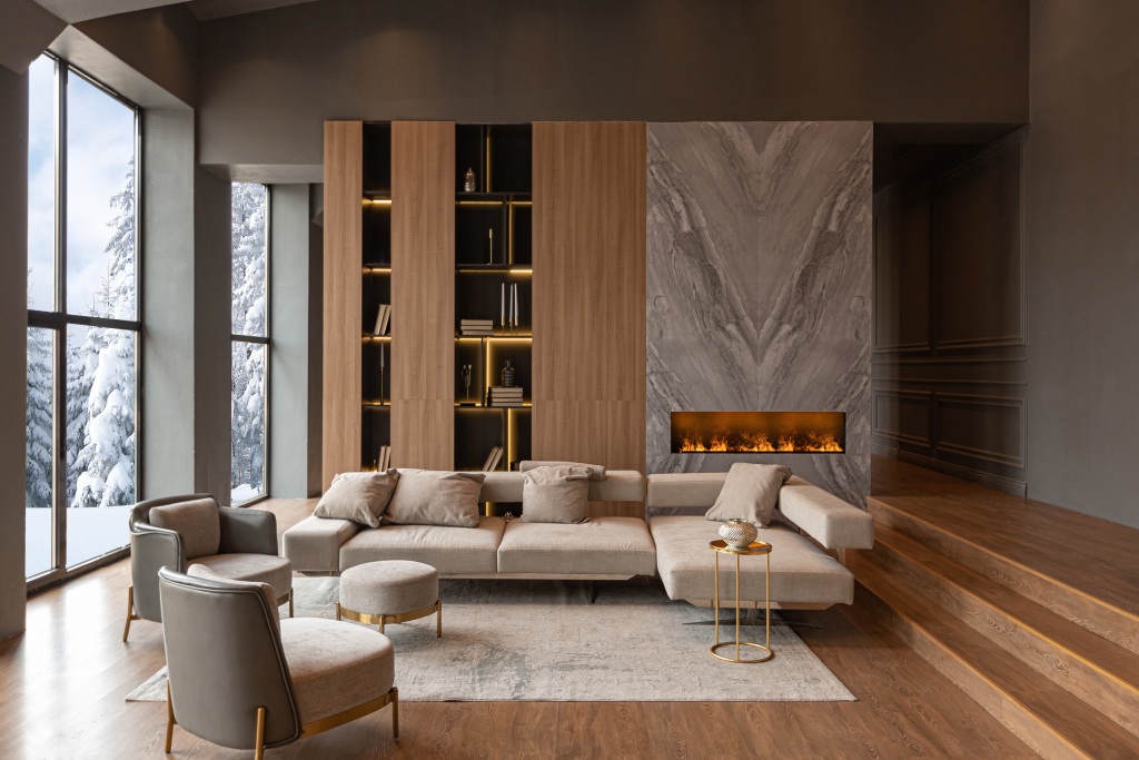 Luxury Modern Living Room with Bookmatched Marble Fireplace Linear Flame and Built In LED Shelving.jpg