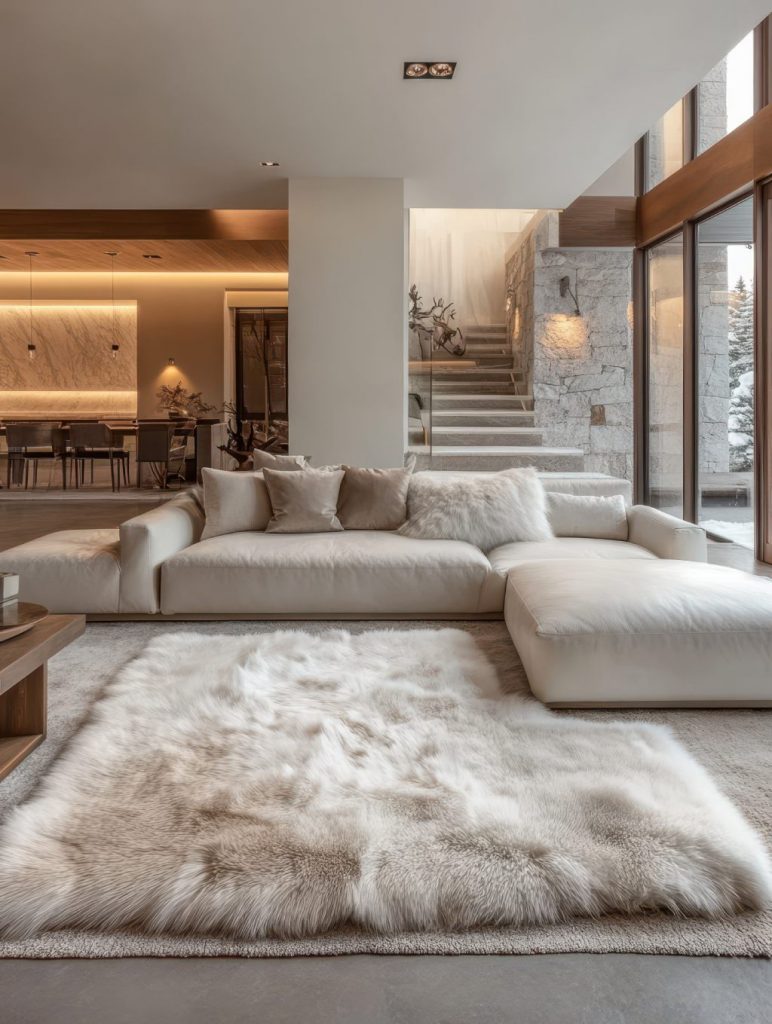 Luxury Modern Living Room with Faux Fur Rug Plush White Sectional and Stone Accent Wall.jpg