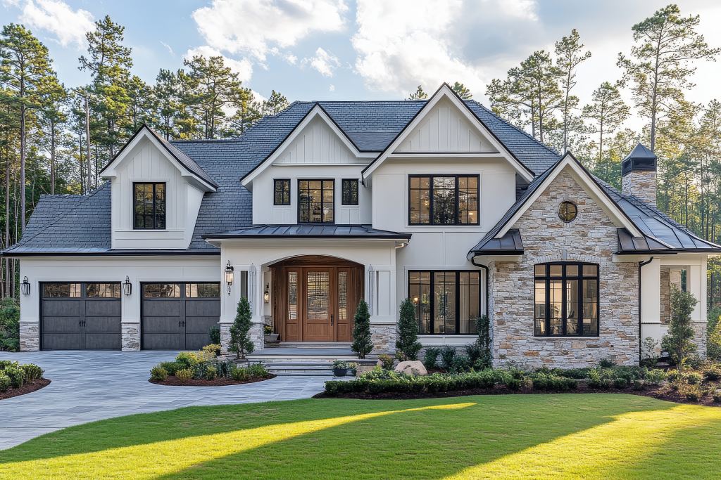 Luxury Modern Transitional Home with White Board and Batten Stacked Stone and Cedar Entry.jpg