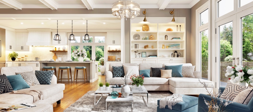 Luxury Open Concept Living Room and Kitchen with Coffered Ceilings Built in Shelving and Blue Accents.jpg