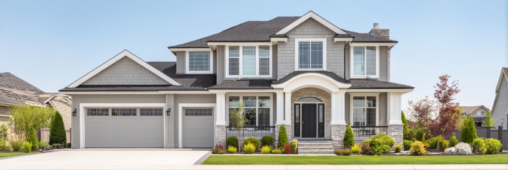 Modern Craftsman Estate with Grey Shake Siding Stone Foundation and Triple Garage.jpg
