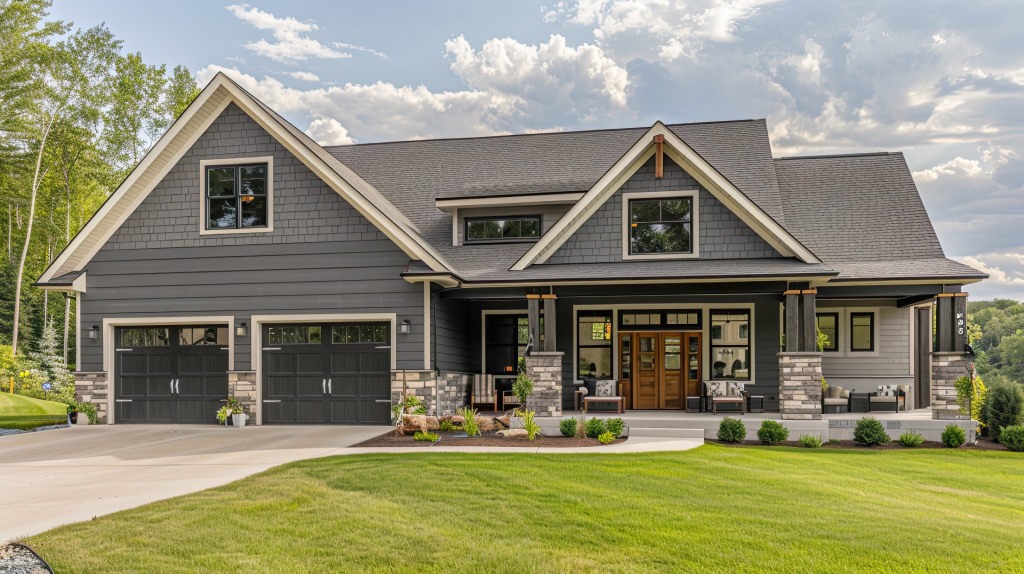 Modern Craftsman Home with Charcoal Siding Stone Accents and Double Garage.jpg