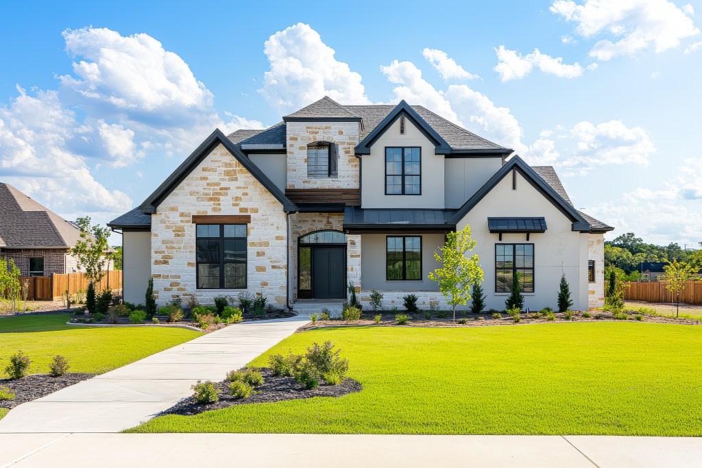 Modern French Country Estate with White Stone Accents and Professional Landscaping.jpg
