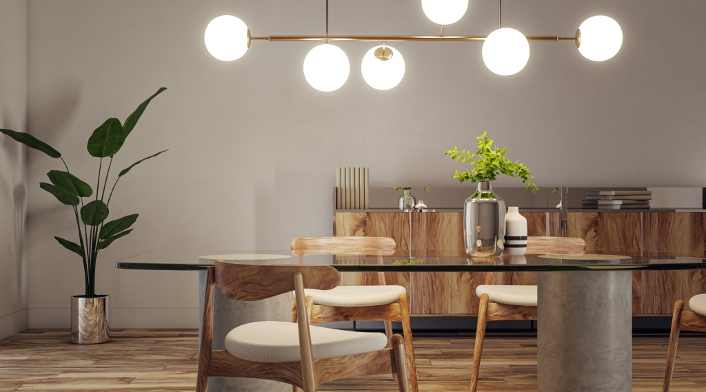 Modern Mid Century Dining Room with Glass Top Table Concrete Pedestals and Brass Sputnik Chandelier.jpg