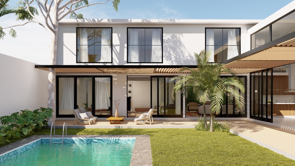 Modern Minimalist Two Story House with In Ground Pool Wood Slat Pergola and Floor to Ceiling Windows.jpg