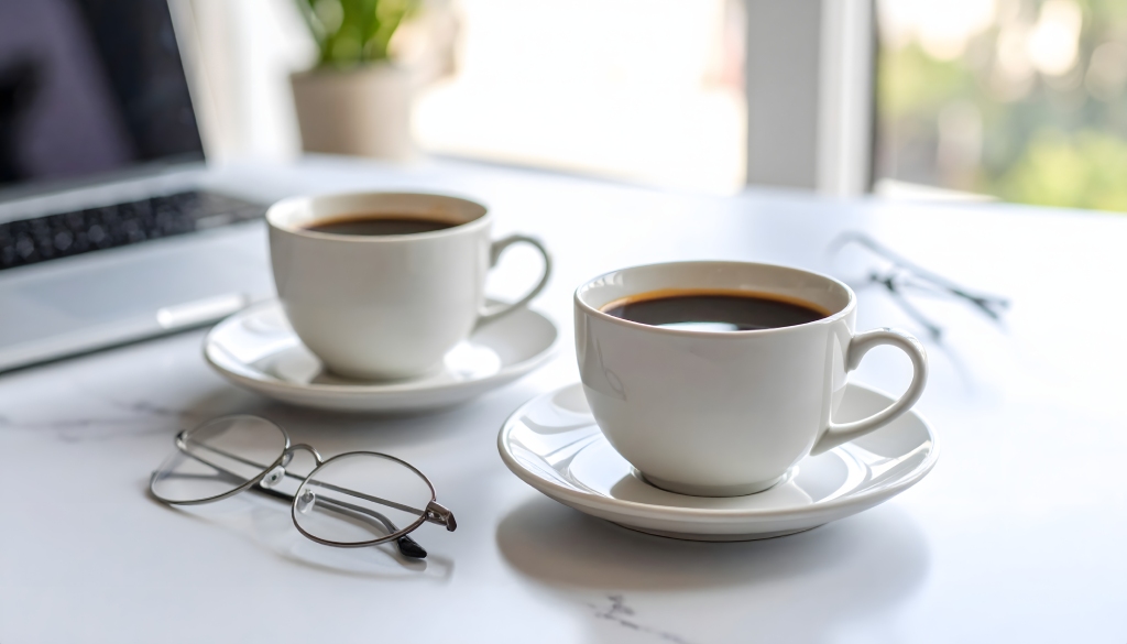 Modern Office Lifestyle with Black Coffee Cups Reading Glasses and Laptop on Marble Desk.jpg