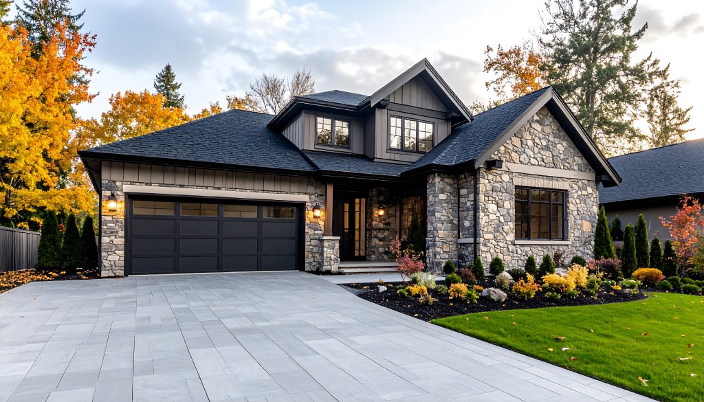 Modern Stone Bungalow with Dark Trim Paver Driveway and Autumn Landscaping.jpg