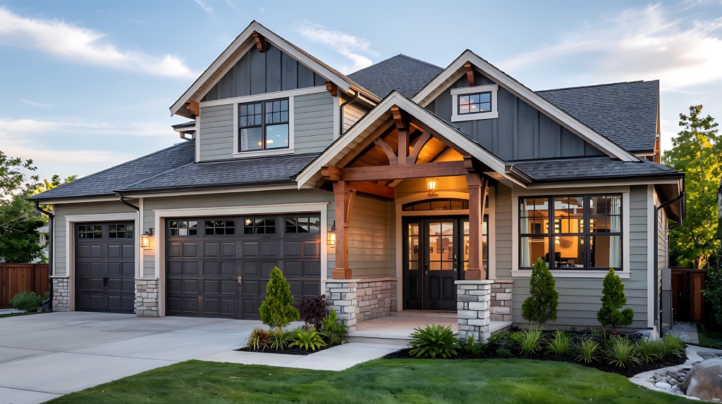 Sage Green Craftsman Estate with Wood Truss Porch and Twilight Lighting.jpg