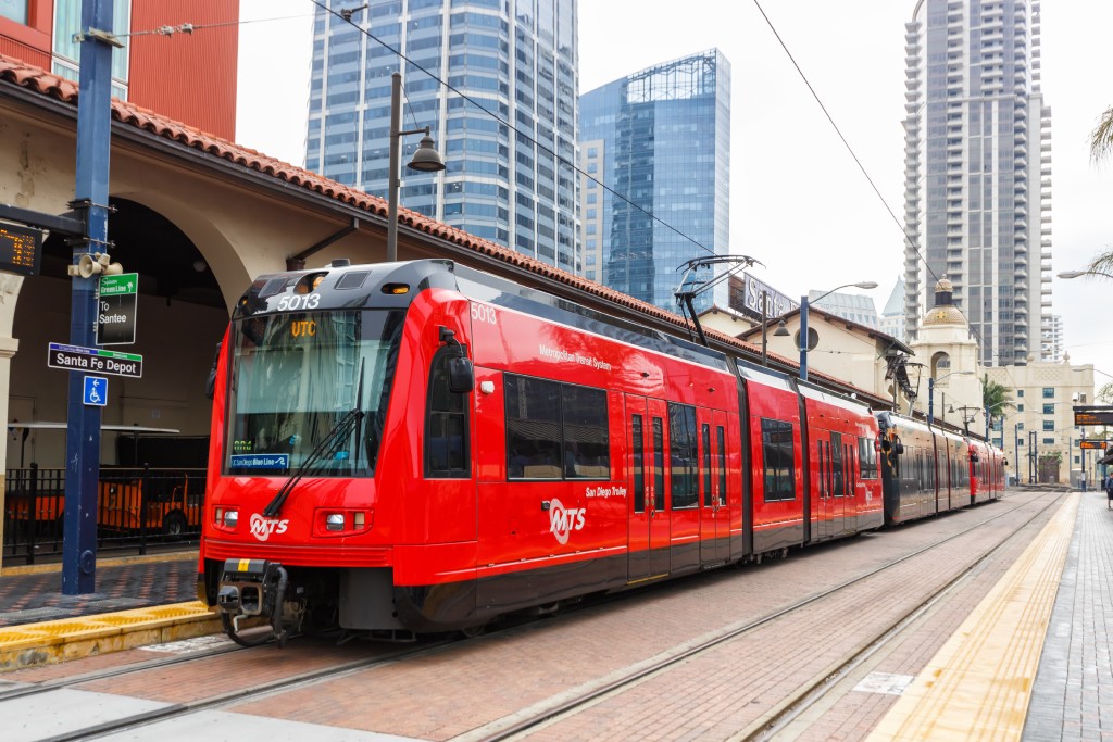 San Diego MTS Red Trolley at Santa Fe Depot Station Downtown Urban Transit Infrastructure.jpg