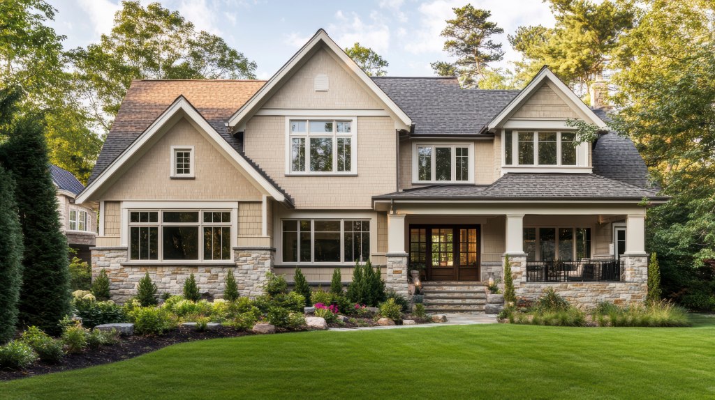 Two Story Traditional Home with Beige Shake Siding and Fieldstone Foundation.jpg